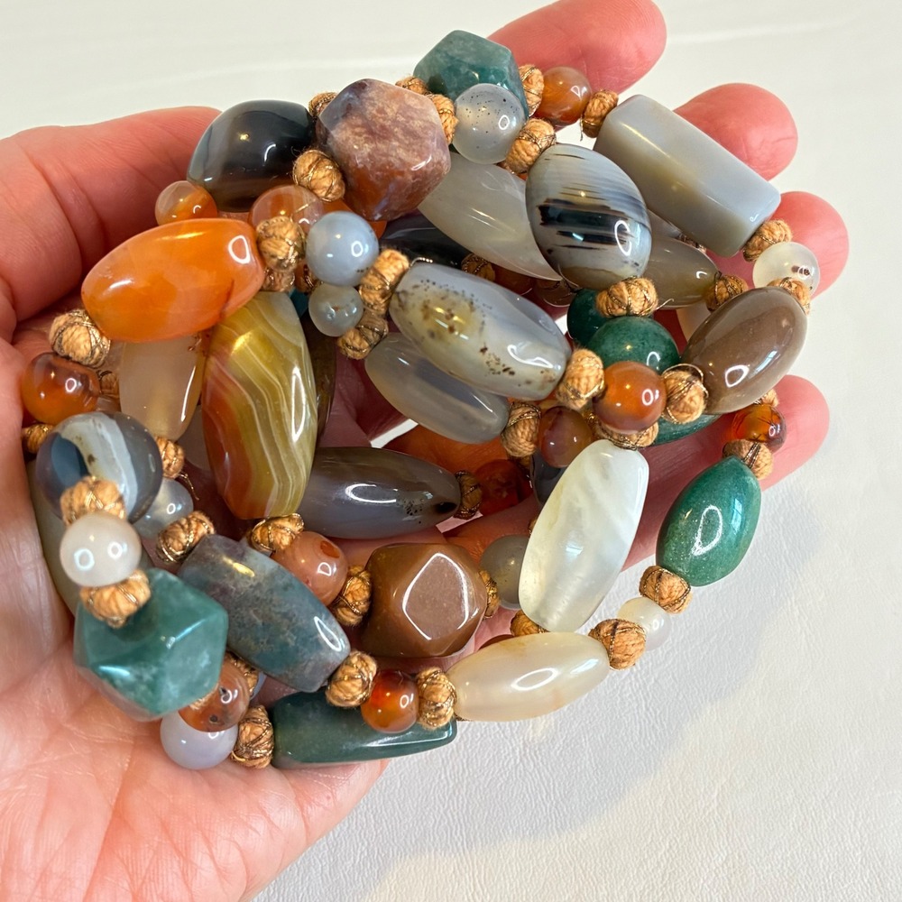 Vintage Necklace Hand Knotted Mixed Gemstone Agate Carnelian Long Strand 50" - Picture 11 of 13